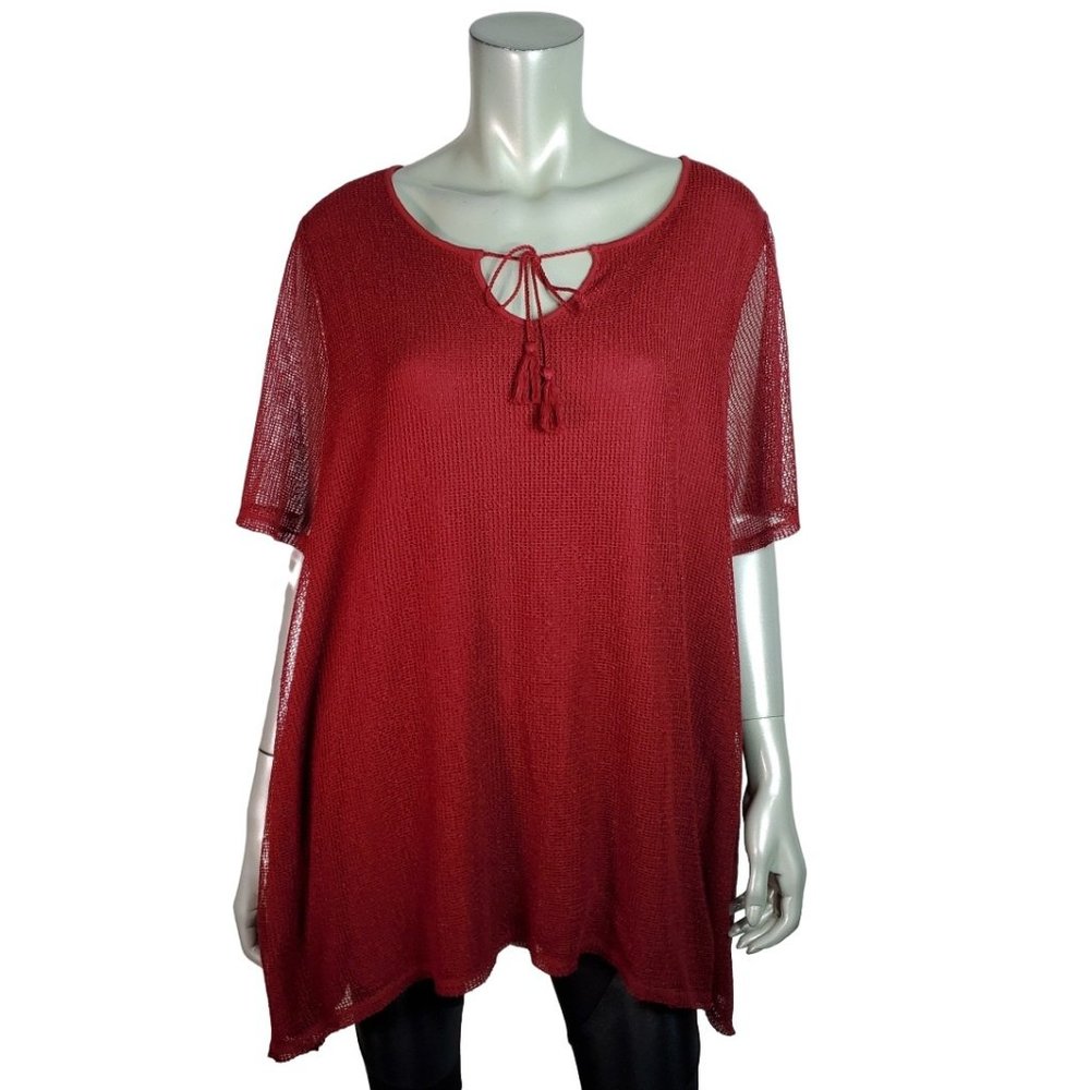 Catherines Top Plus Size 1X 18/20W Tunic A-Line Fishnet Overlay‎ Stretch Red